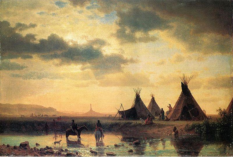 Albert Bierstadt View of Chimney Rock, Ogalillalh Sioux Village in Foreground oil painting image